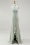 Dusty Sage Sheath Chiffon Halter Long Bridesmaid Dress with Slit
